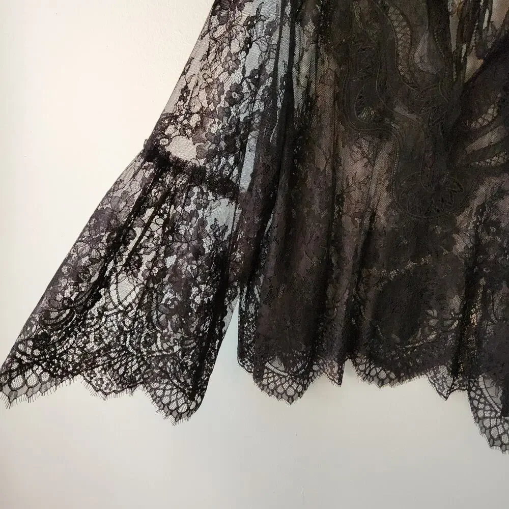 Womens Black Lace Whimsigoth Top XL Floral Flare Sleeve Fairygrung Festival Boho - Picture 4 of 13